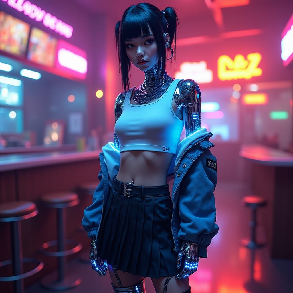 Futuristic AI Model in Nightclub, Neon-Noir Style