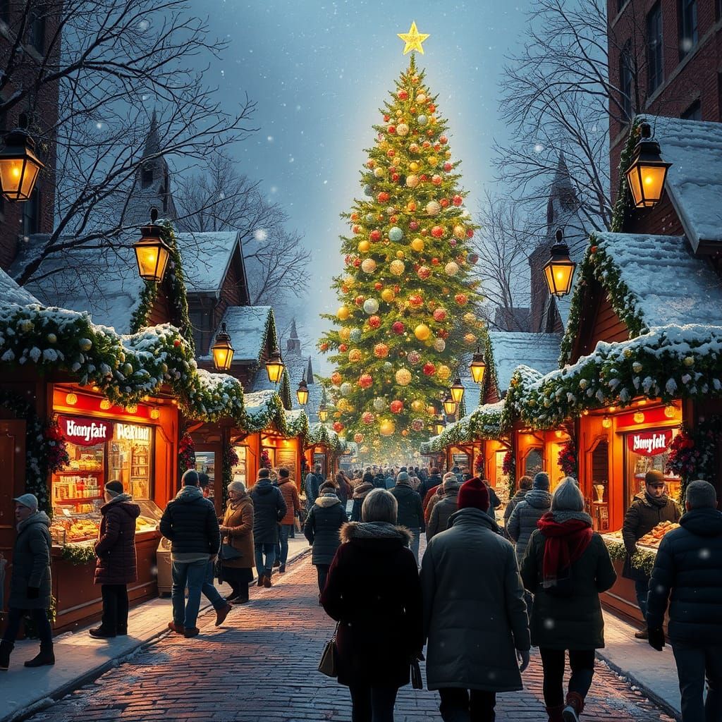 Christmas Market Scene in Matte Painting Style