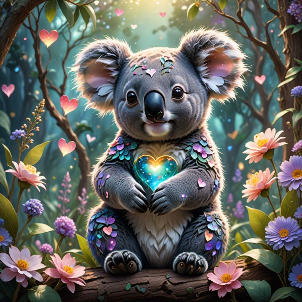 Whimsical Koala Amidst Blooming Flowers and Glowing Hearts