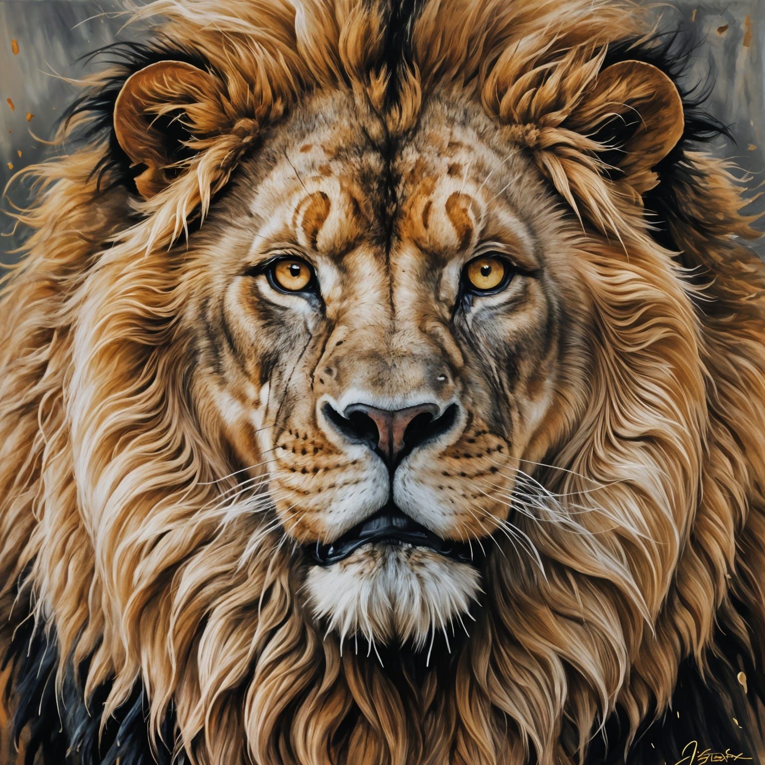 Fierce Lion Portrait in Pastel, Oil and Chalk