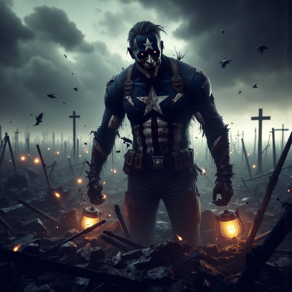 Haunted Undead Captain America in Dark, Haunting Realism