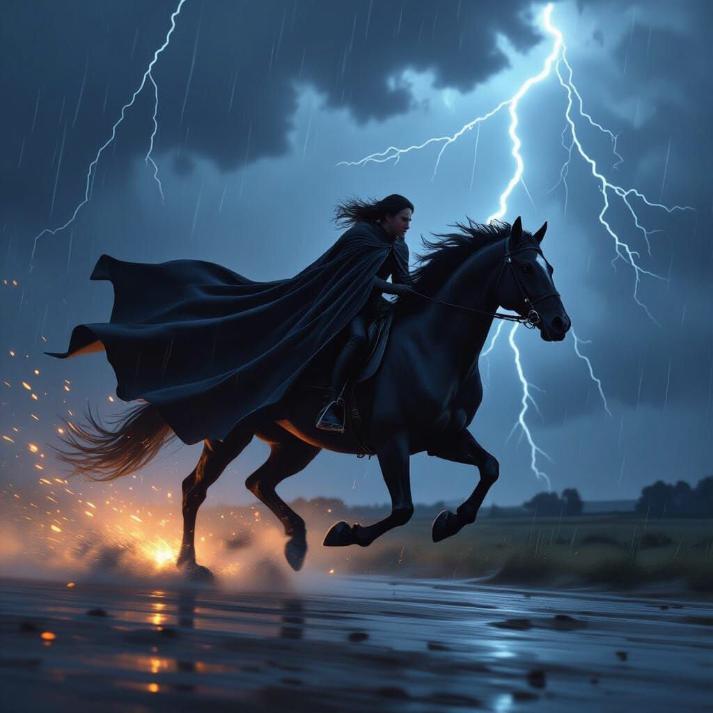 Cloaked Horse Runs Through Stormy Night