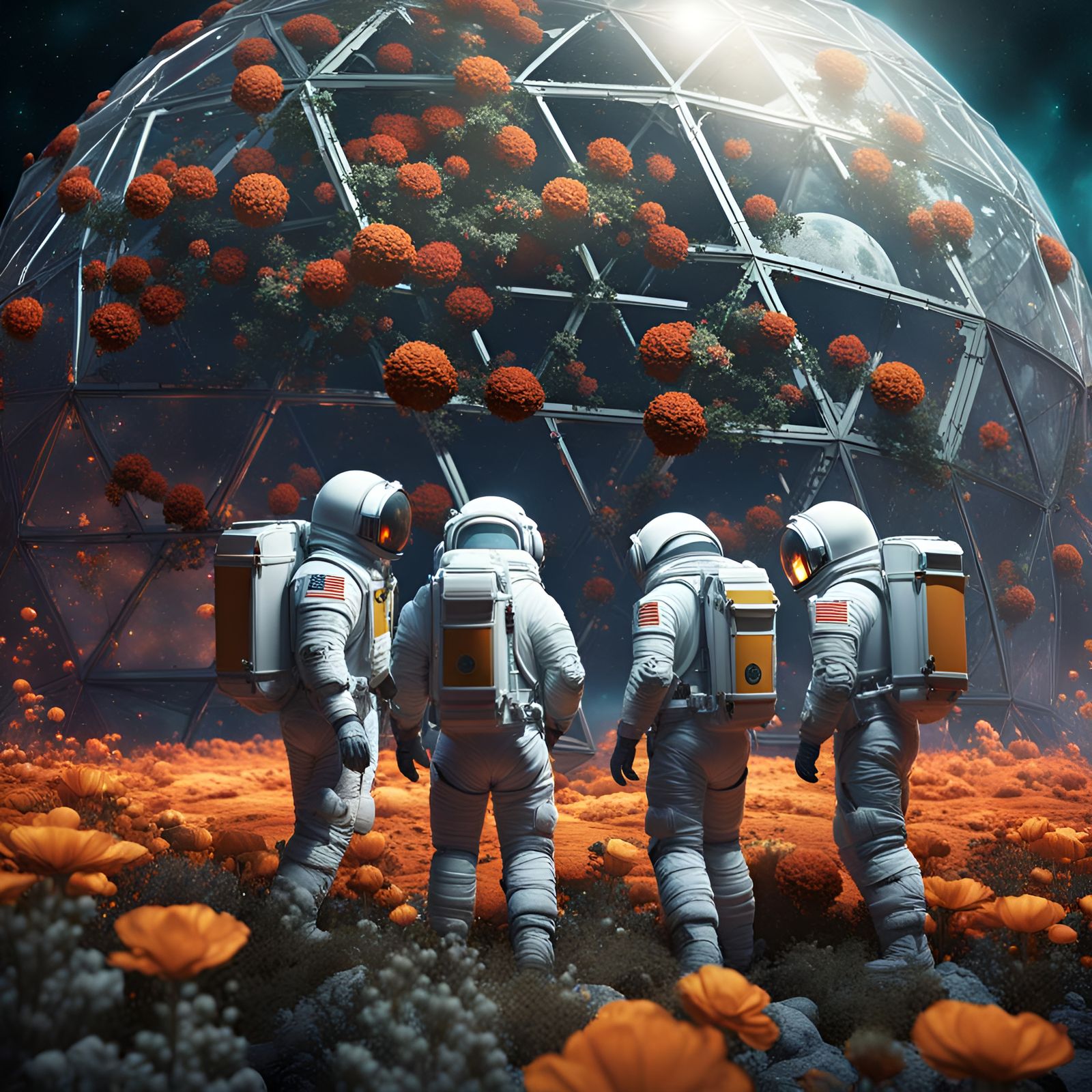 Astronauts Tend Lunar Flowers in Geodesic Dome