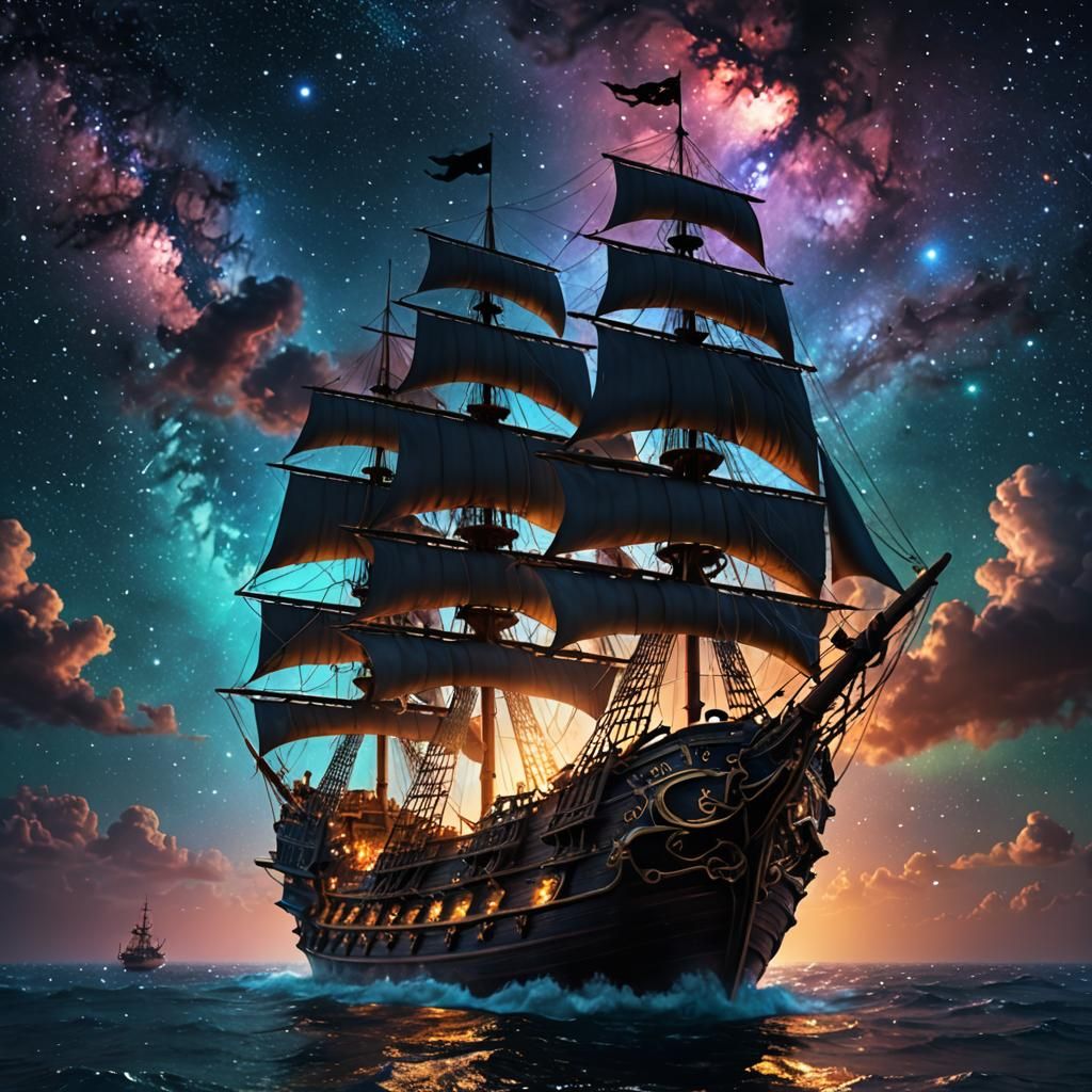 Pirate Ship Soaring Through Mystical Galaxy Sky
