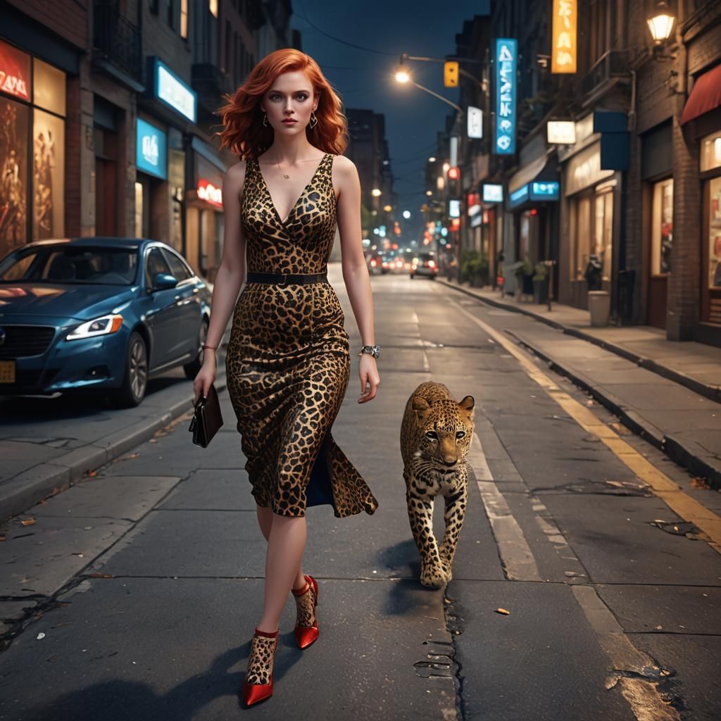 Confident Woman in Leopard Dress Walking at Night