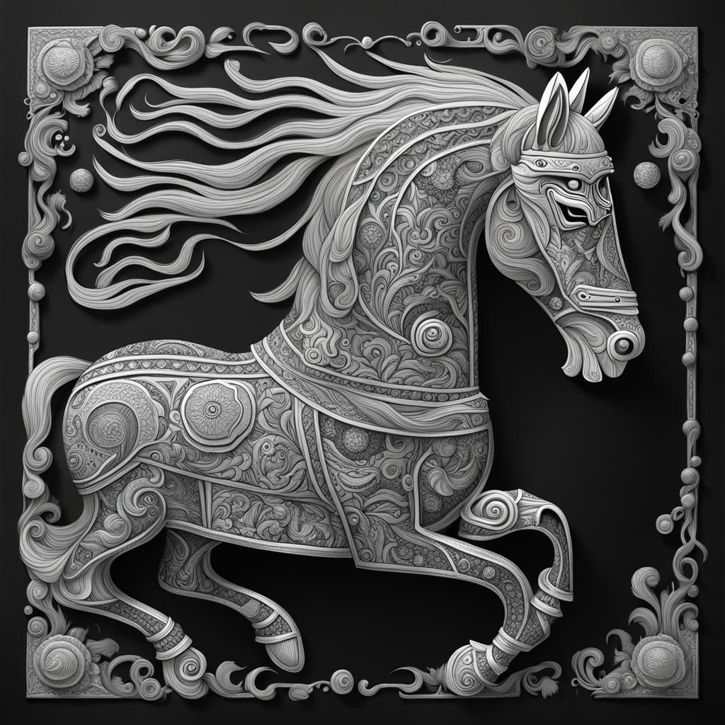 Godlike Horse: Intricate Black and White Illustration