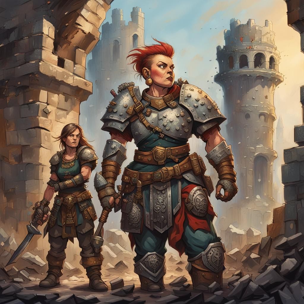 Female Dwarf Fighter Leads Party at Ruined Tower