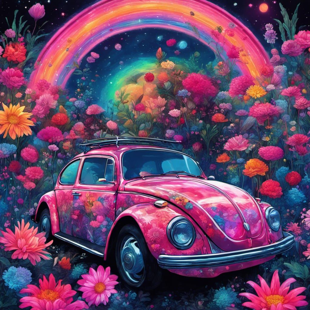Floral Volkswagen Beetle in Psychedelic Cosmic Style