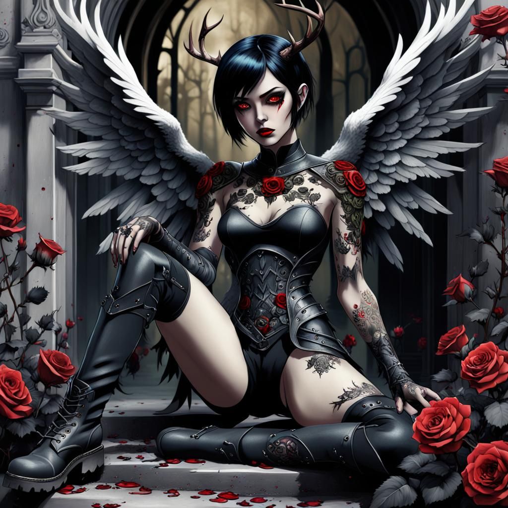 Gothic Angel with Black Roses, Fantasy Concept Art