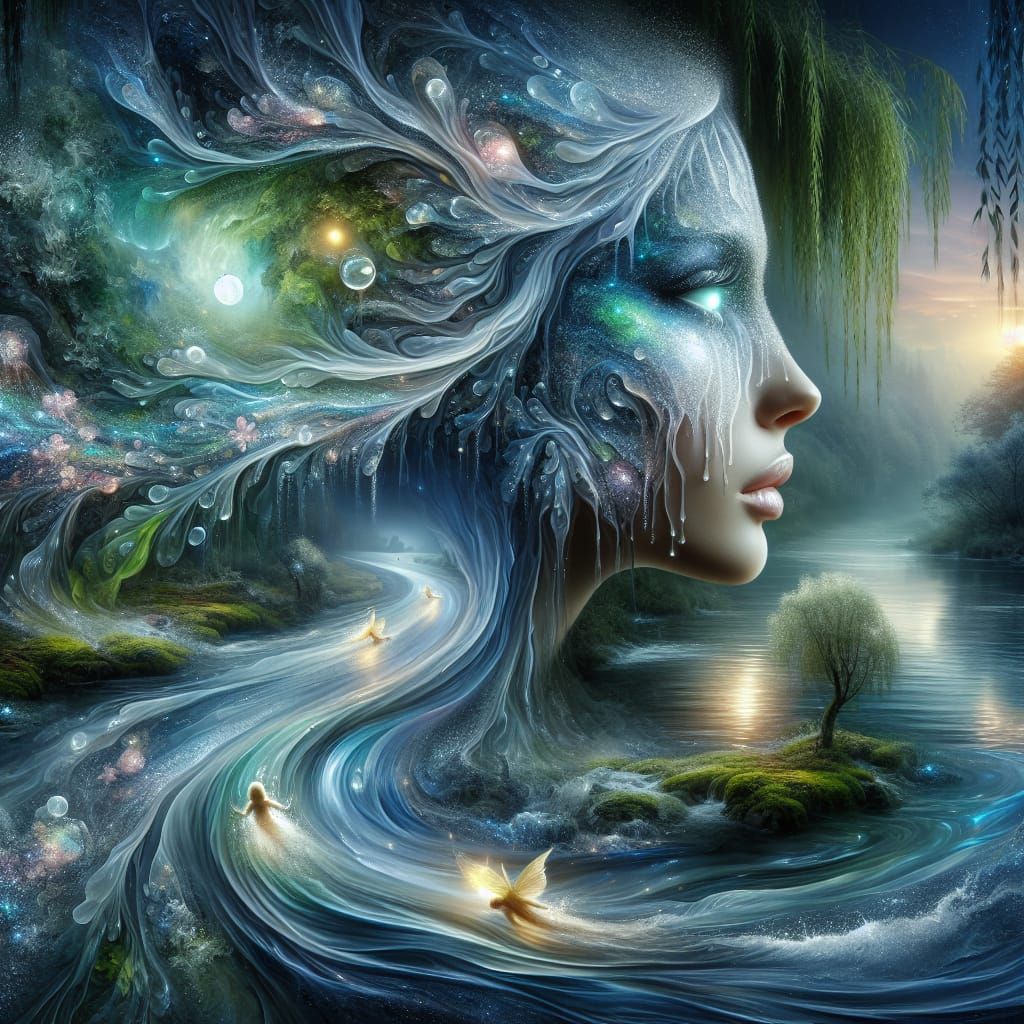 Ethereal River Nymph in Dreamy Waterscape