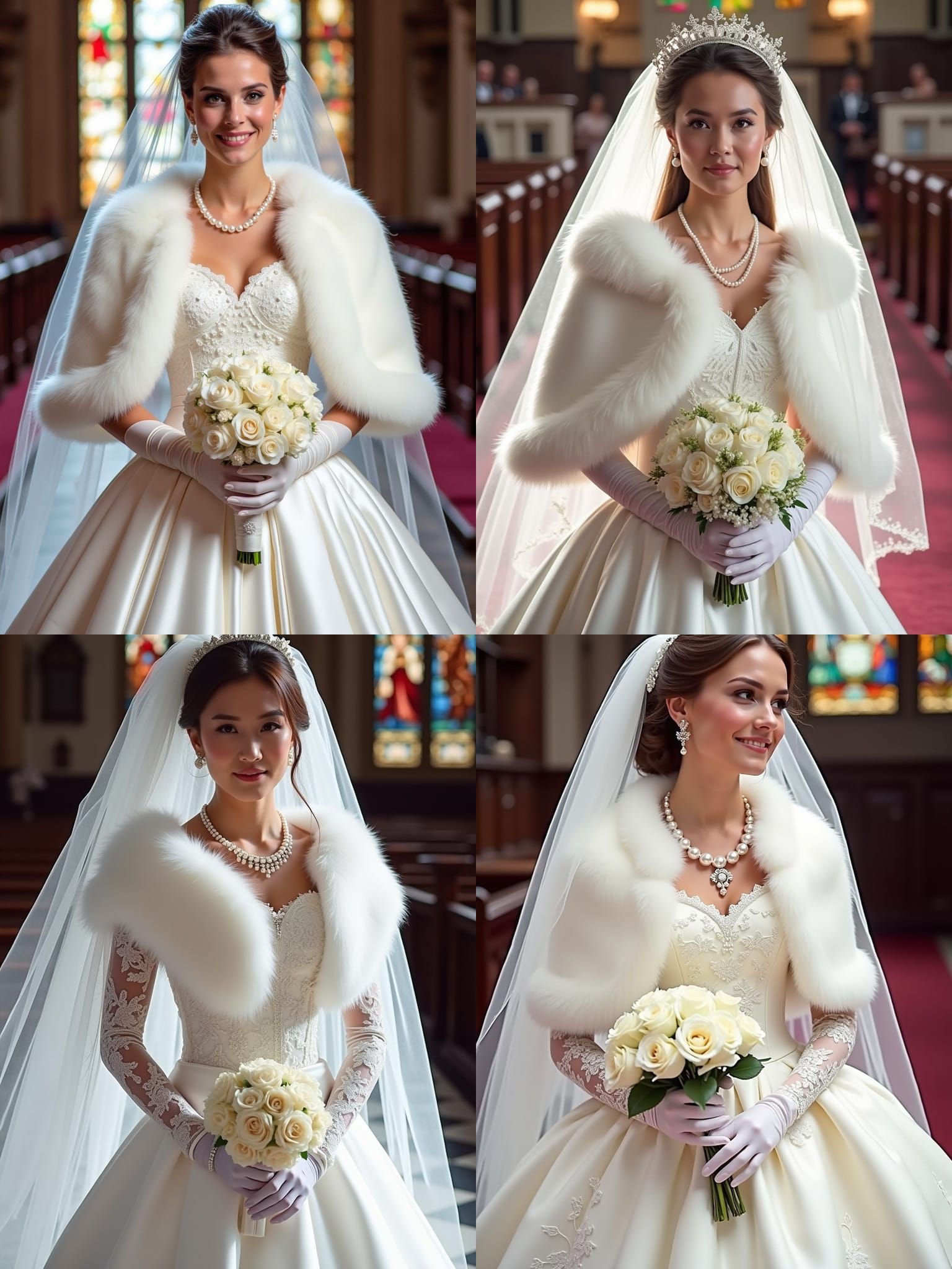 Elegant Bride in White Satin Gown with Lace Veil