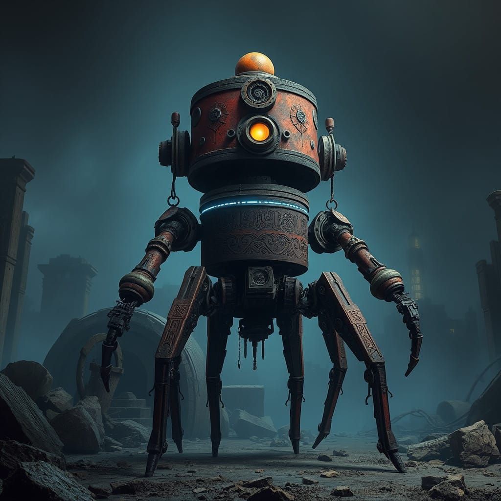 Ancient Rakatan Droid in Desolate Cityscape