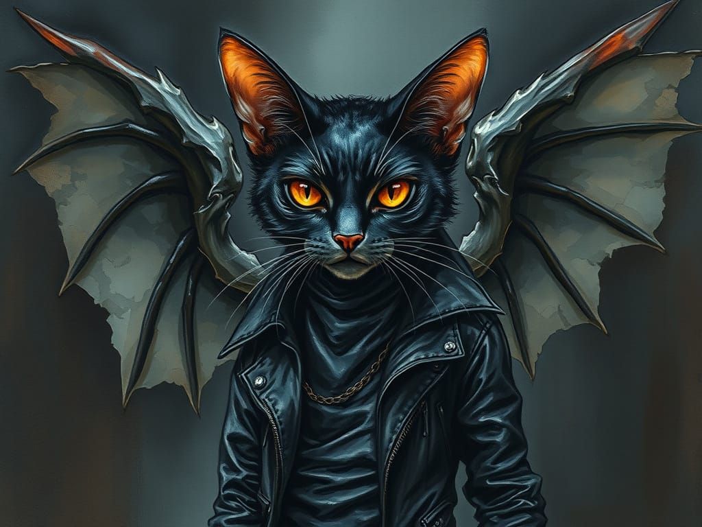 Winged Cat Demon in Gothic Oil and Watercolor