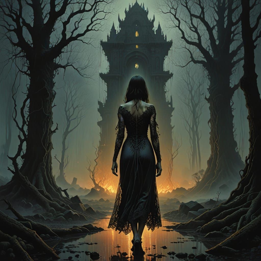 Gothic Goddess Walks Towards Burning Shrine