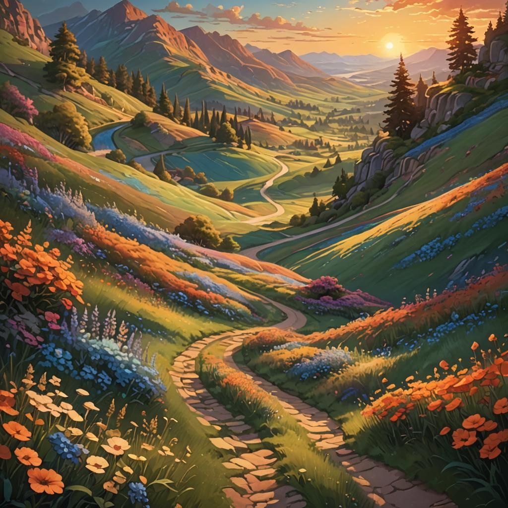 Flowery Hills at Sunset: A Matte Painting Landscape