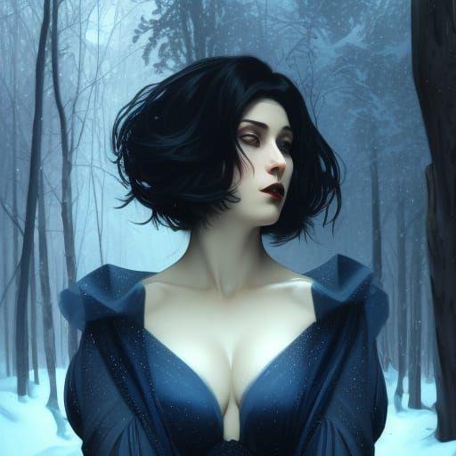 Attractive Girl with Sapphire Eyes in Winter Forest