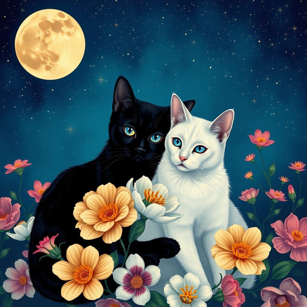 A painting by Alfons Mucha Art nouveau. A black cat and a white cat, both with blue eyes, sit in the moonlight among flo...