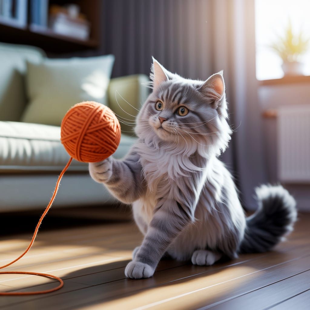Adorable Gray Cat Batting Yarn Ball in Sunlight