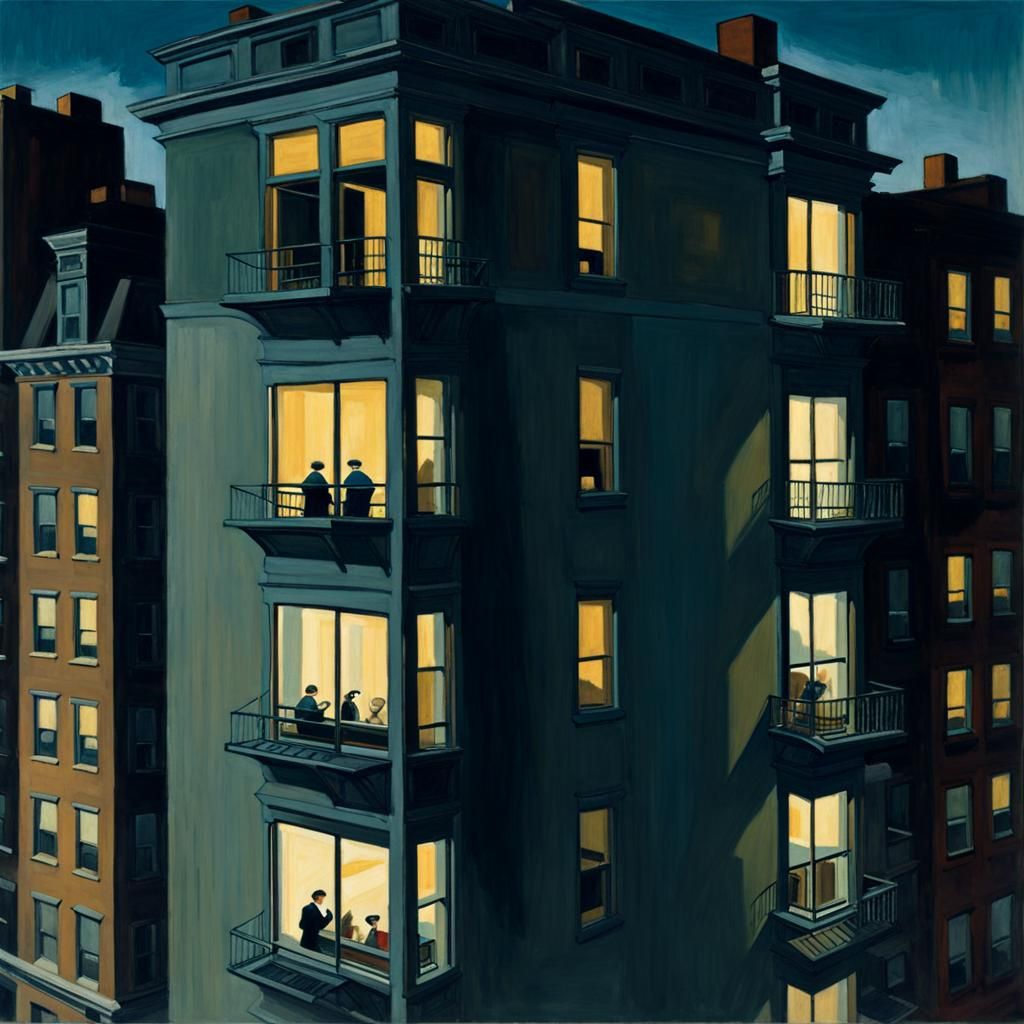Art by Edward Hopper, depicting a multi-story apartment buil...