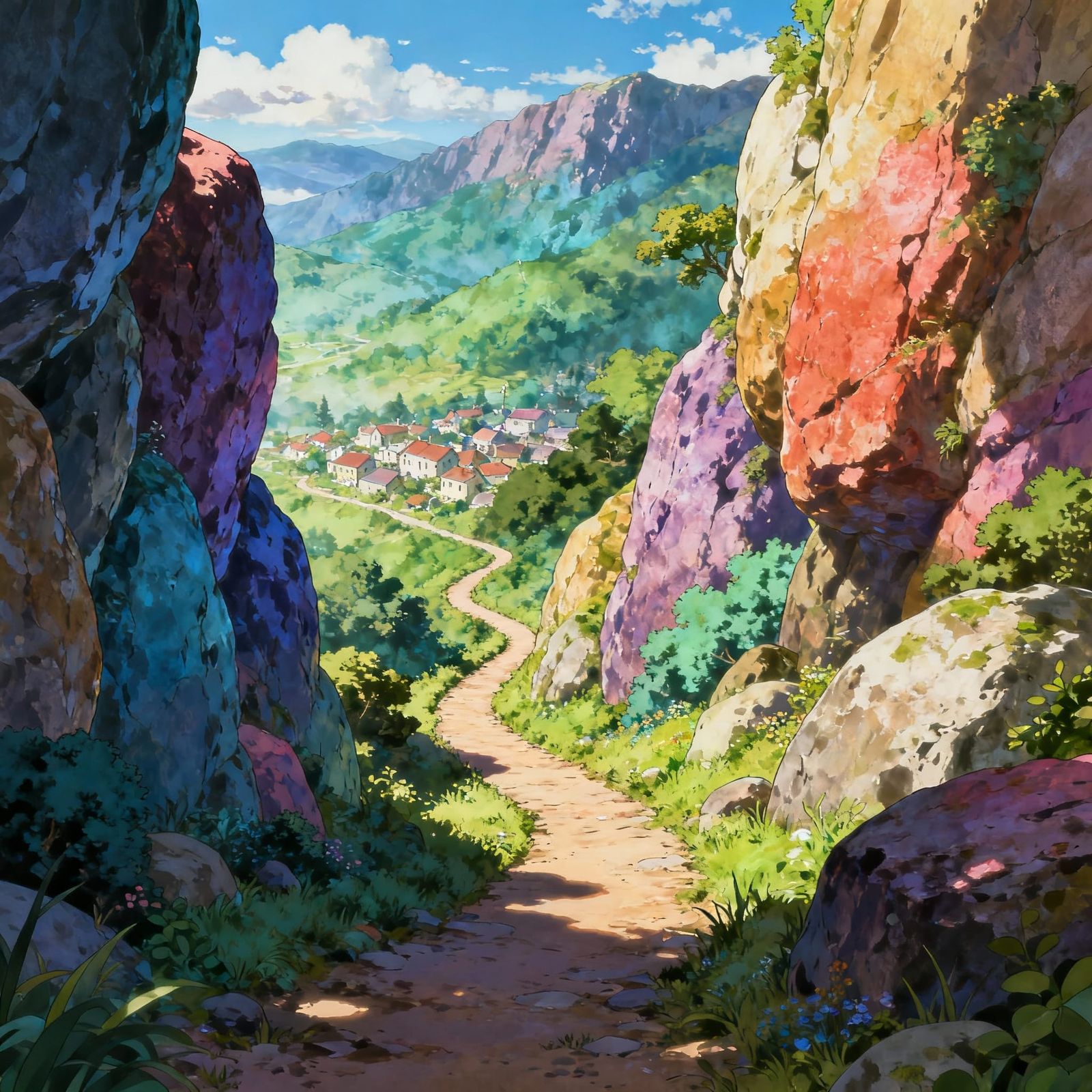 Enchanted Mountain Path with Distant Village