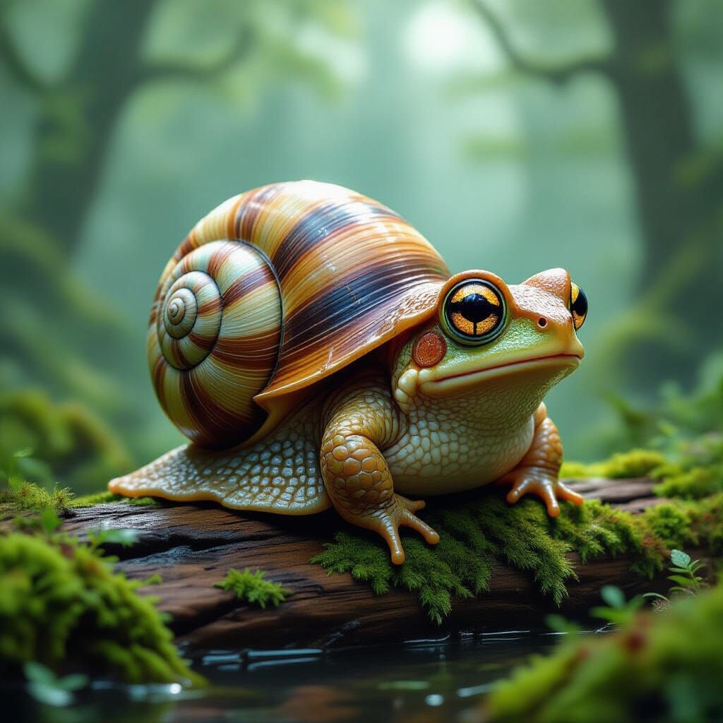 Fantastical Snail-Toad Creature in Misty Forest