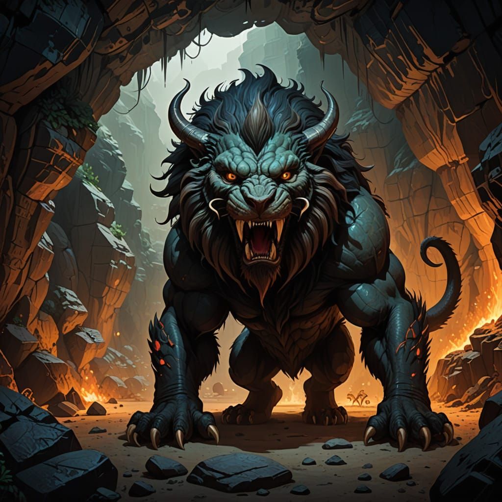 Mystical Manticore Emerges from Dark Cave Depths