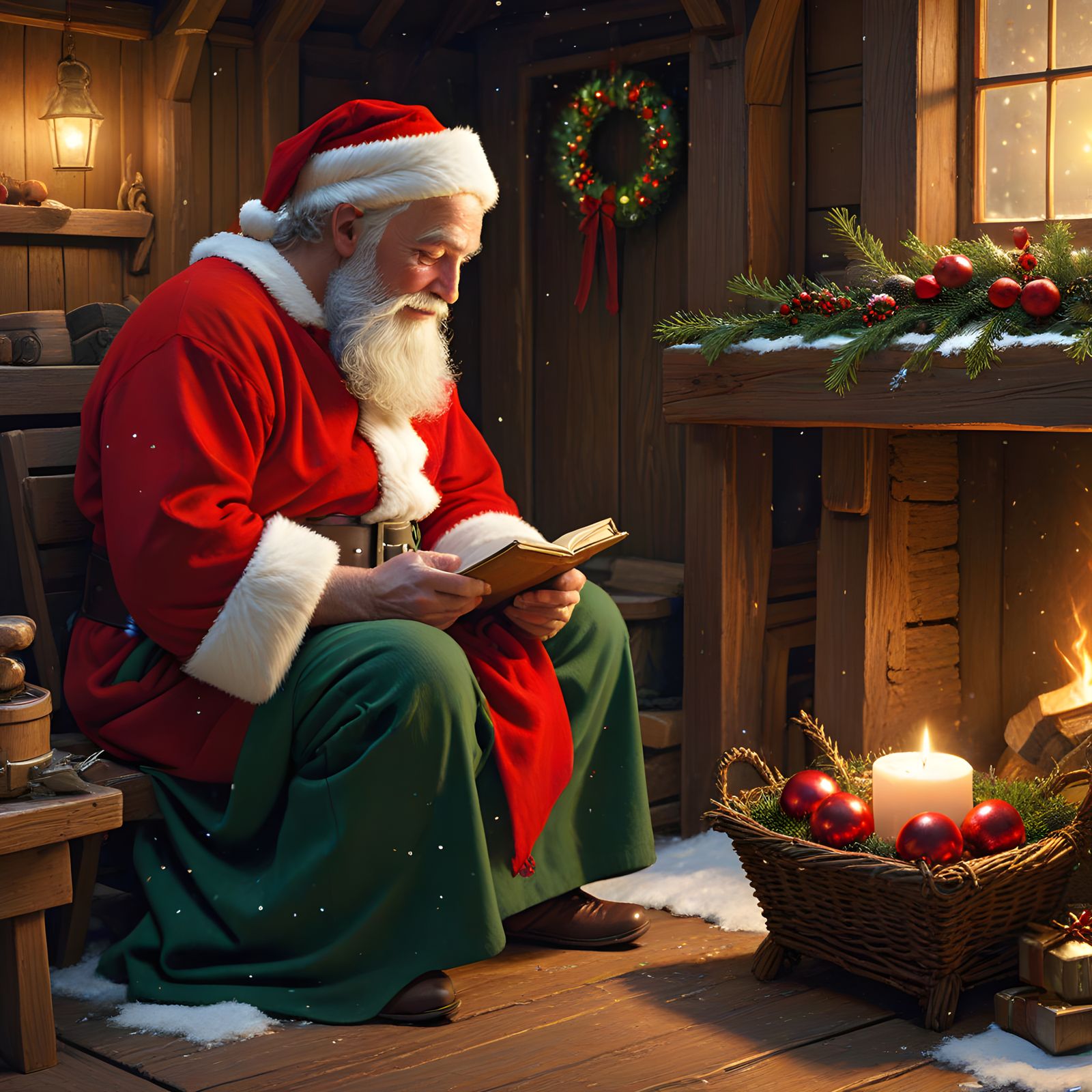 Santa Claus in a Cozy Christmas Scene, Traditional Oil Paint...