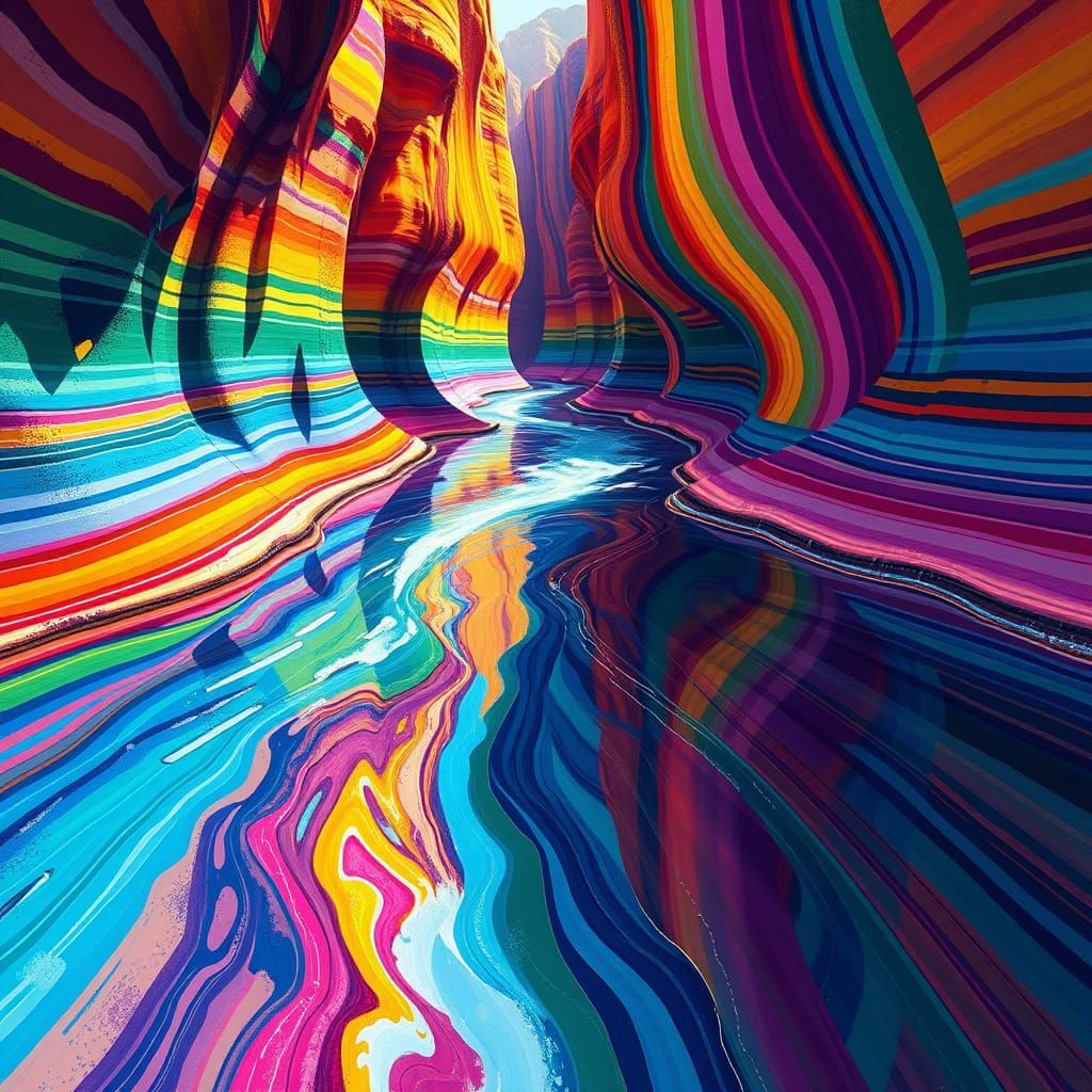 Vibrant Rainbow River Cascades Through Striped Canyon in Abs...