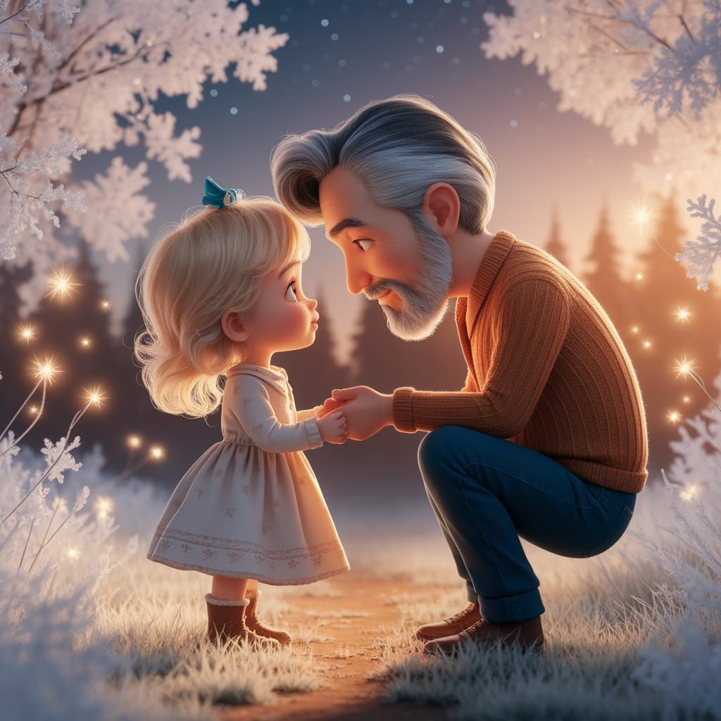 Whimsical Winter Scene of Grandfather and Granddaughter
