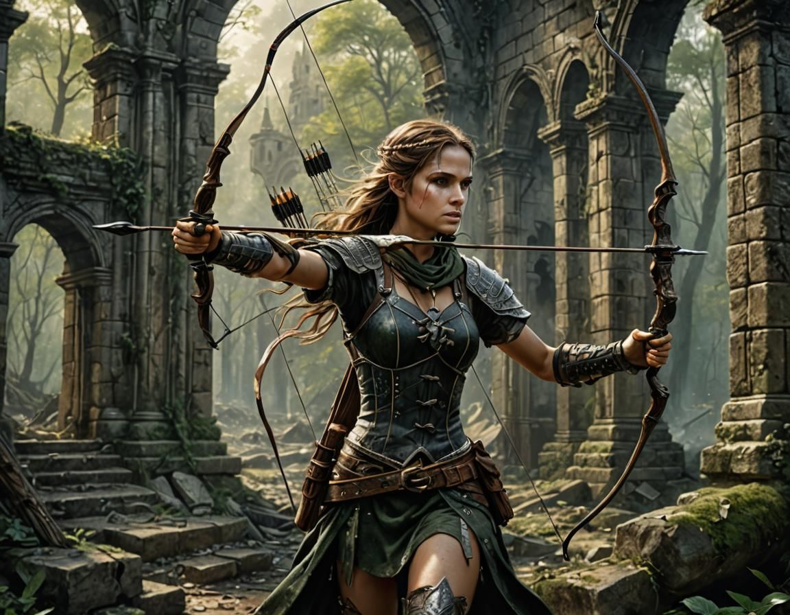 Luis Royo style illustration of a beautiful female archer, s...
