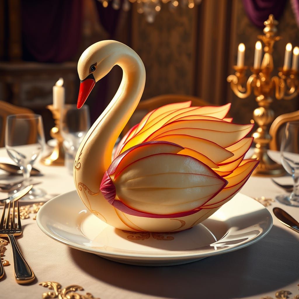 Exquisite Apple Swan Sculpture in Opulent Setting