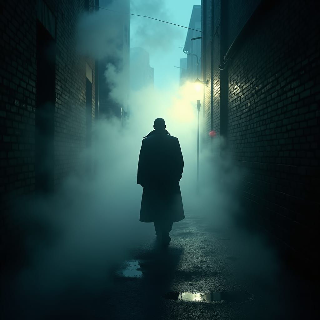 Noir Figure in Misty Cityscape
