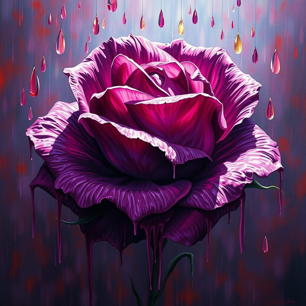 Surrealistic Rose in Crimson Rain, in Bold Impasto Style