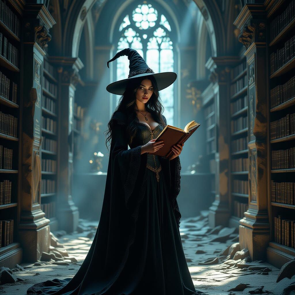 Witch in Ruined Library with Steampunk Elements