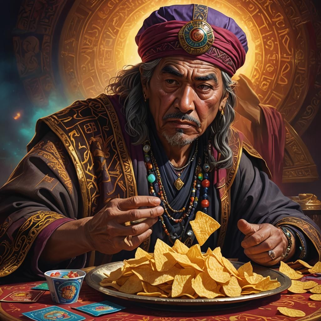 Displeased Fortune Teller with Chip-Eating Man