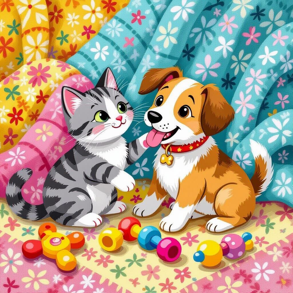 Cat and Dog Playtime in Whimsical Illustrated Style
