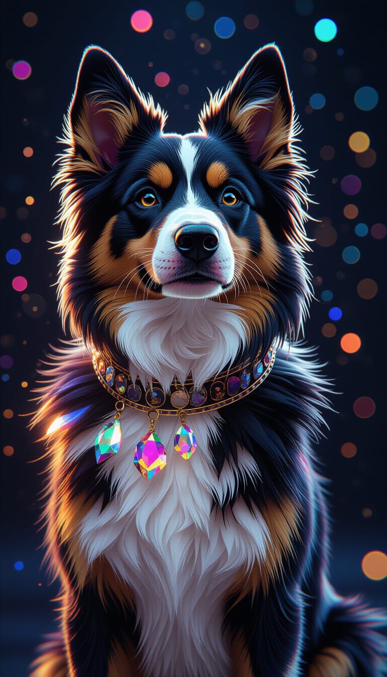 Crystal Dog Portrait with Rainbow Reflections in Hyperrealis...