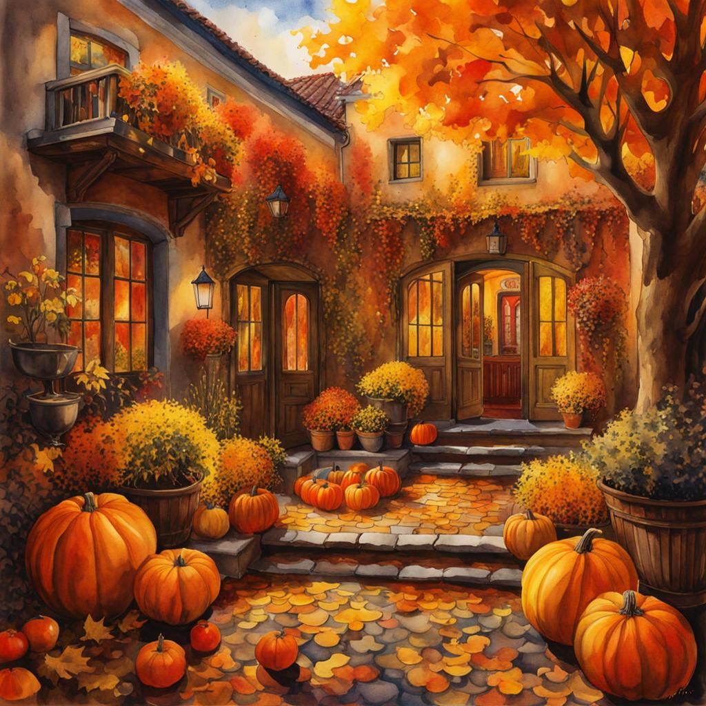Autumn Courtyard: Vivid Watercolour Fantasy Illustration