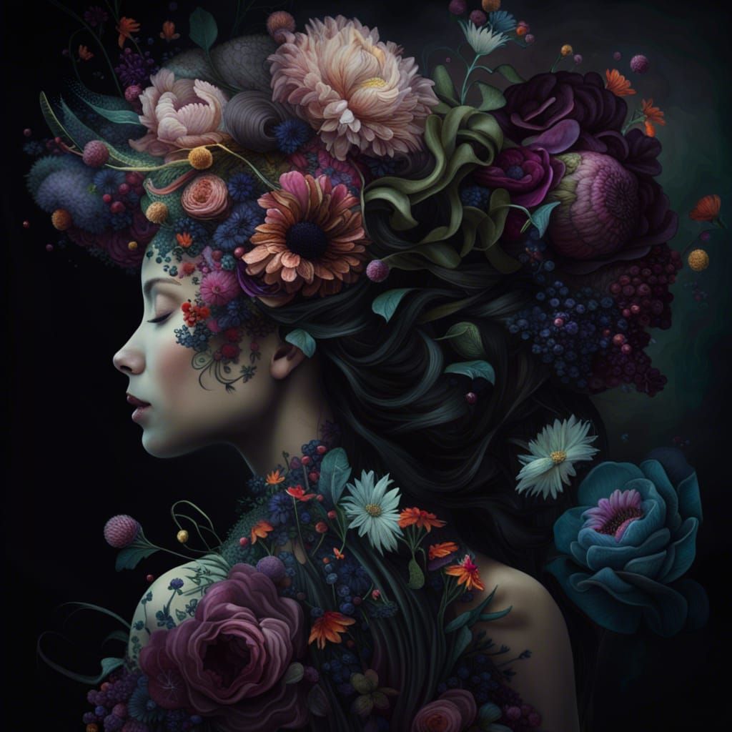 Black Peonies Bouquet Still Life, Digital Art