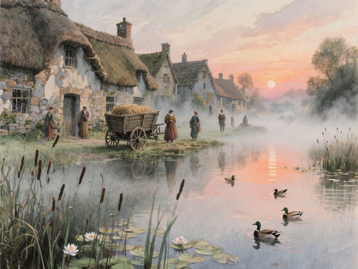 Elizabethan Village Pond at Sunrise in Watercolor