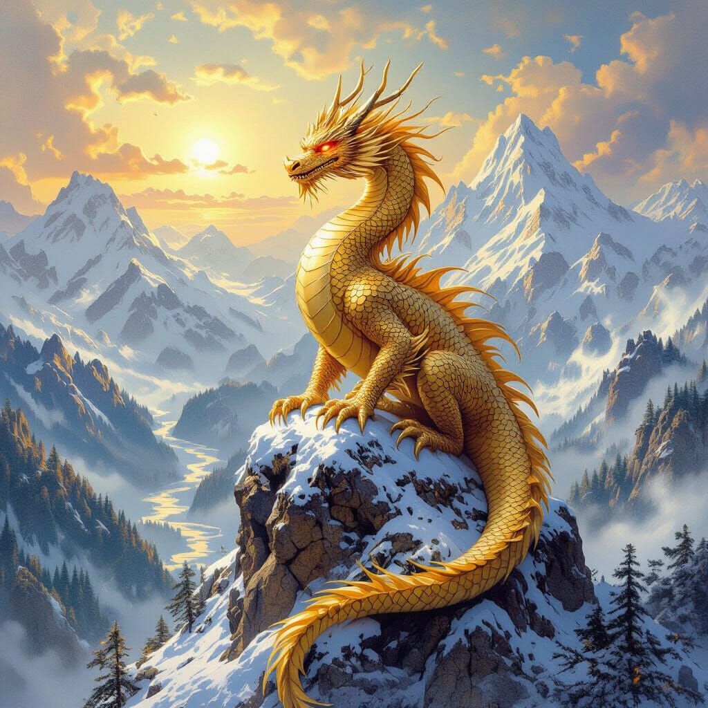 Golden Dragon Majesty on Snow-Capped Peak