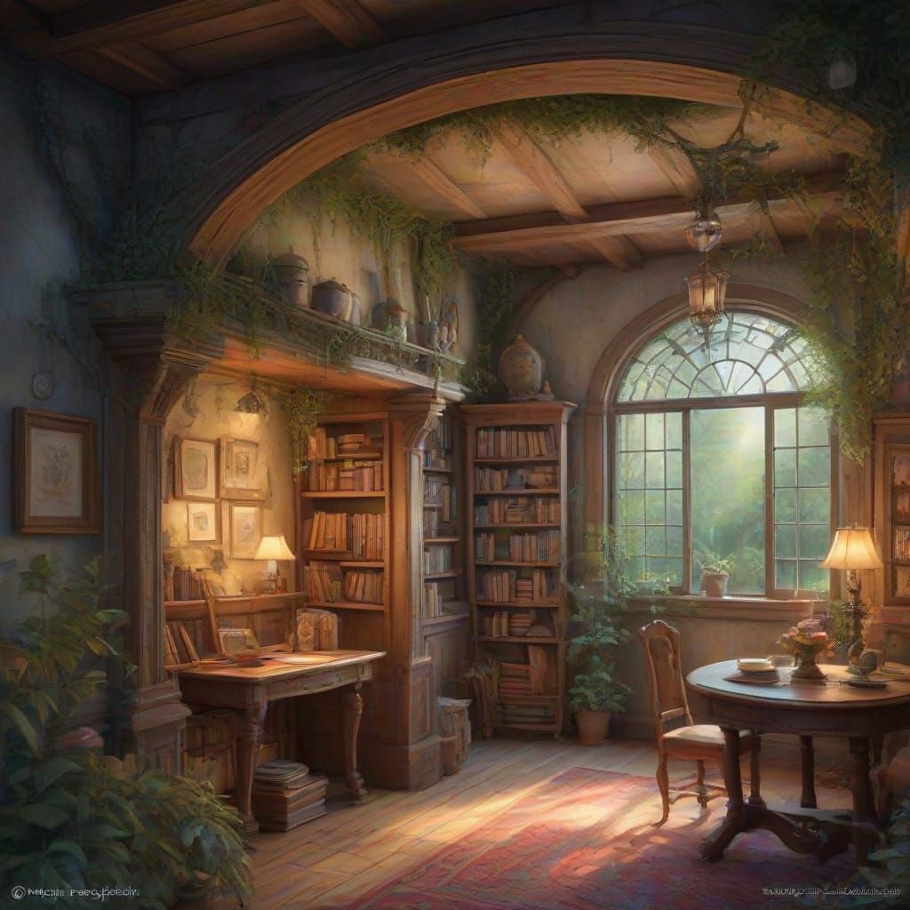 Cozy Cottage Library in Disney Watercolor Style