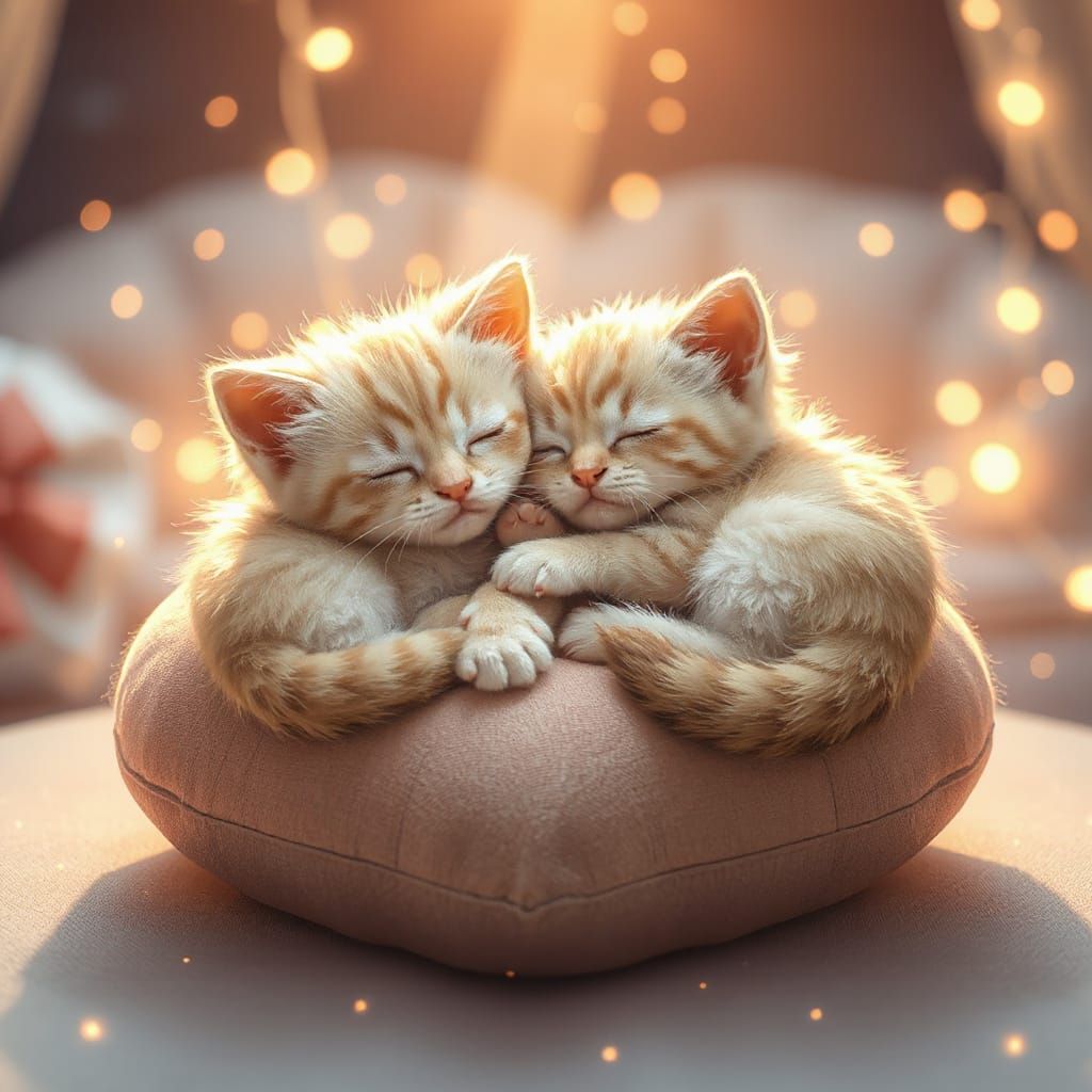 Sleeping Kittens on Heart Cushion in Anime Style