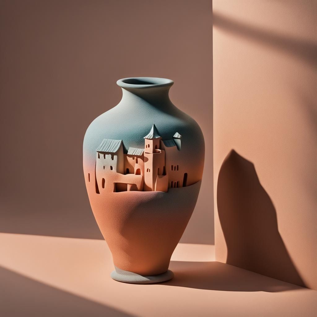 Hyperrealistic House-Shaped Clay Vase in Pastel Colors