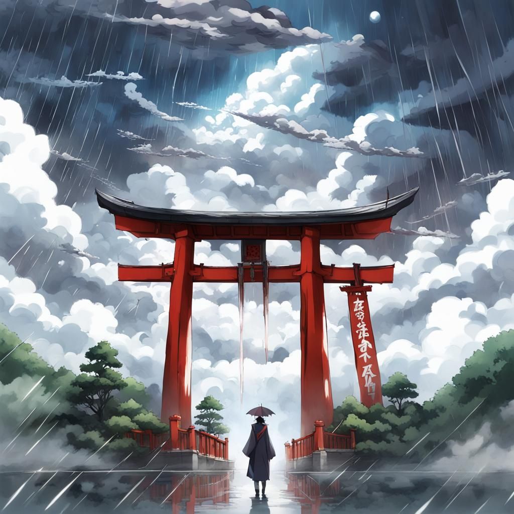 Thunder Dragon Guards Torii Gate in Anime Style