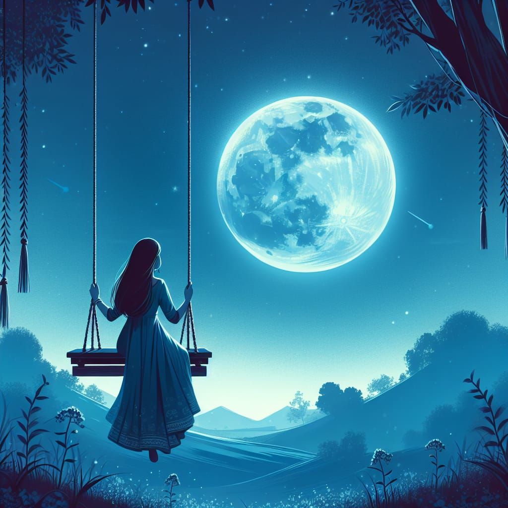 Woman on a Swing Under Blue Moon