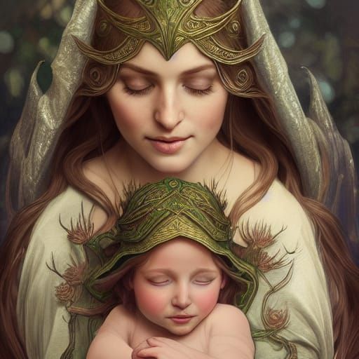 Elven Queen and Baby Portrait in Fantasy Style