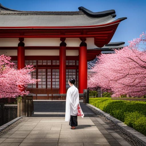 Geisha at Japanese Temple with Cherry Blossoms
