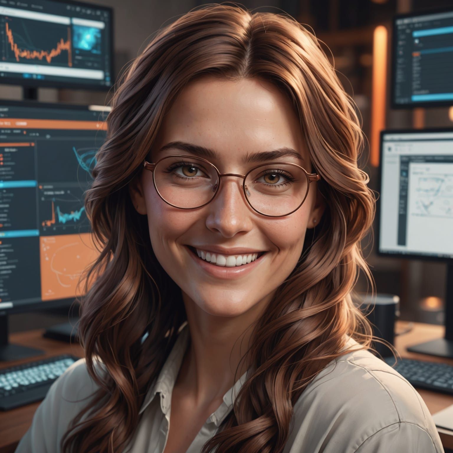 Woman at Computer: Hyperdetailed Portrait in Art Nouveau Sty...