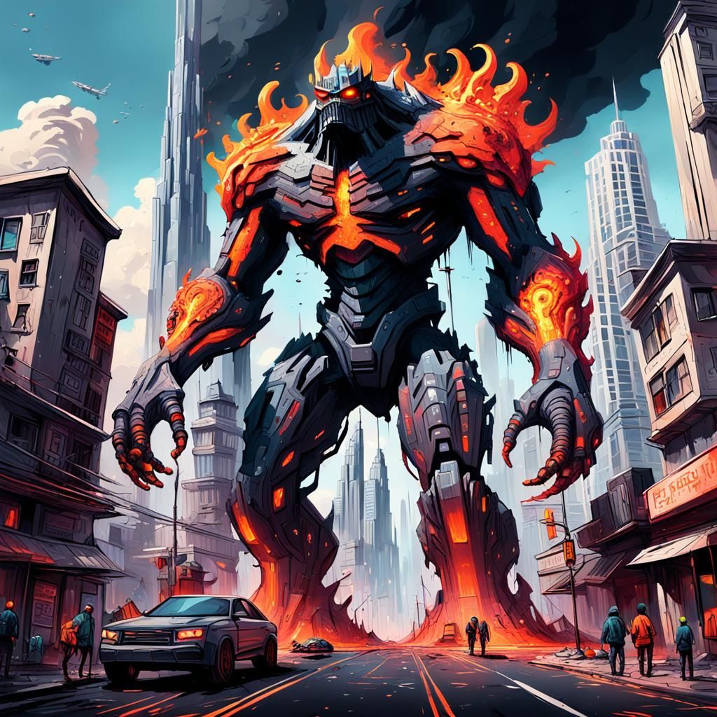 Futuristic City Destroyed by Lava Monster in Graffiti Style